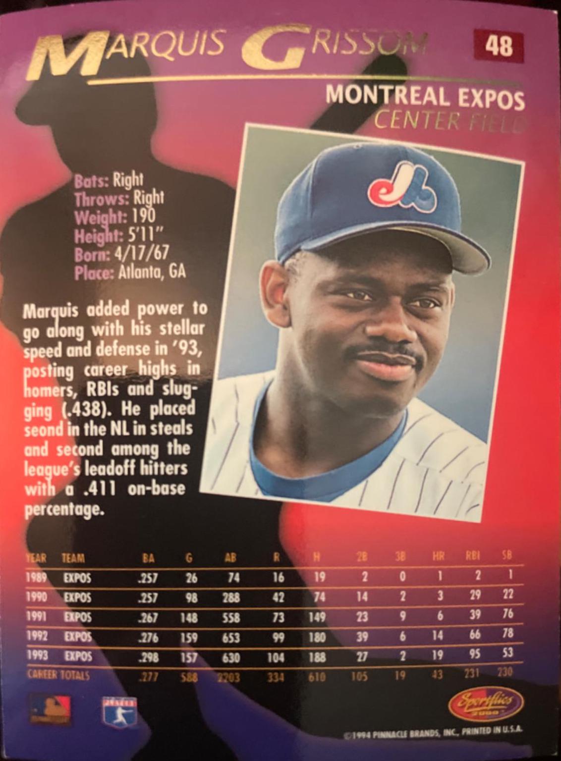 Marquis Grissom #48 Baseball Cards 1994 Sportflics 2000