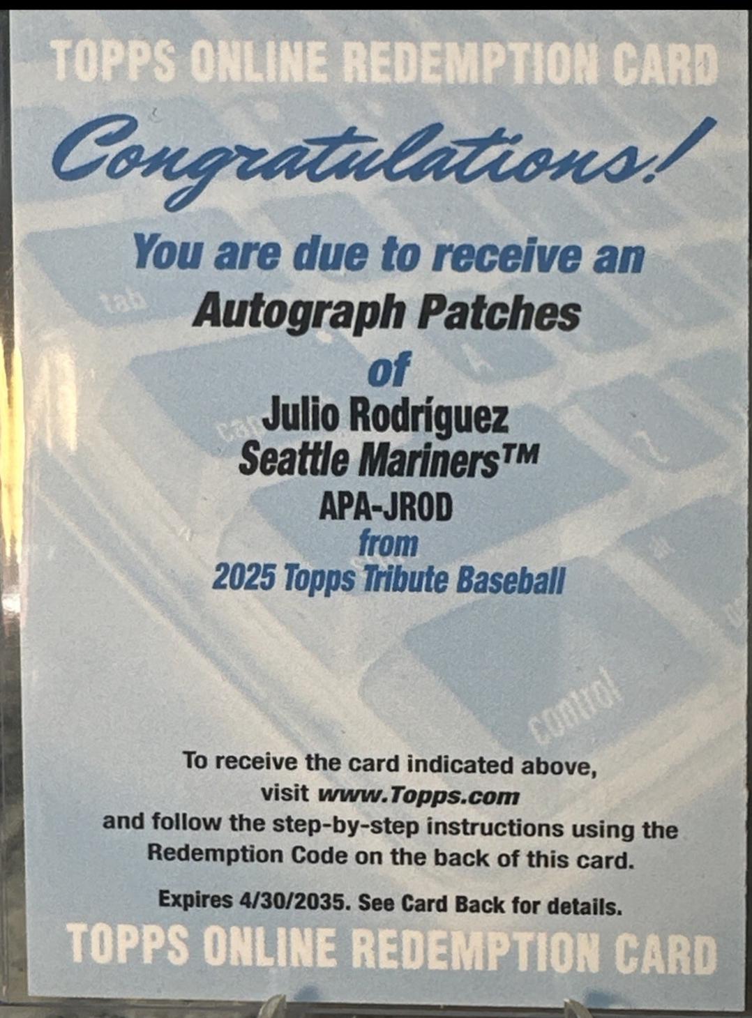 Julio Rodriguez #APA-JROD Baseball Cards 2025 Topps Tribute Autograph Patch