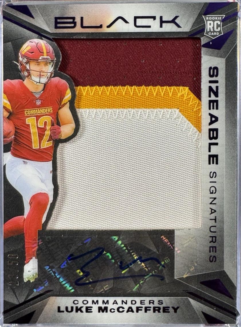 Luke McCaffrey #SSR-LMY Football Cards 2024 Panini Black Sizeable Signatures Rookie Jersey