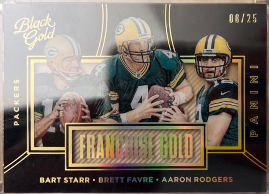 Bart Starr, Brett Favre, Aaron Rodgers #FG1 Football Cards 2016 Panini Black Gold Franchise