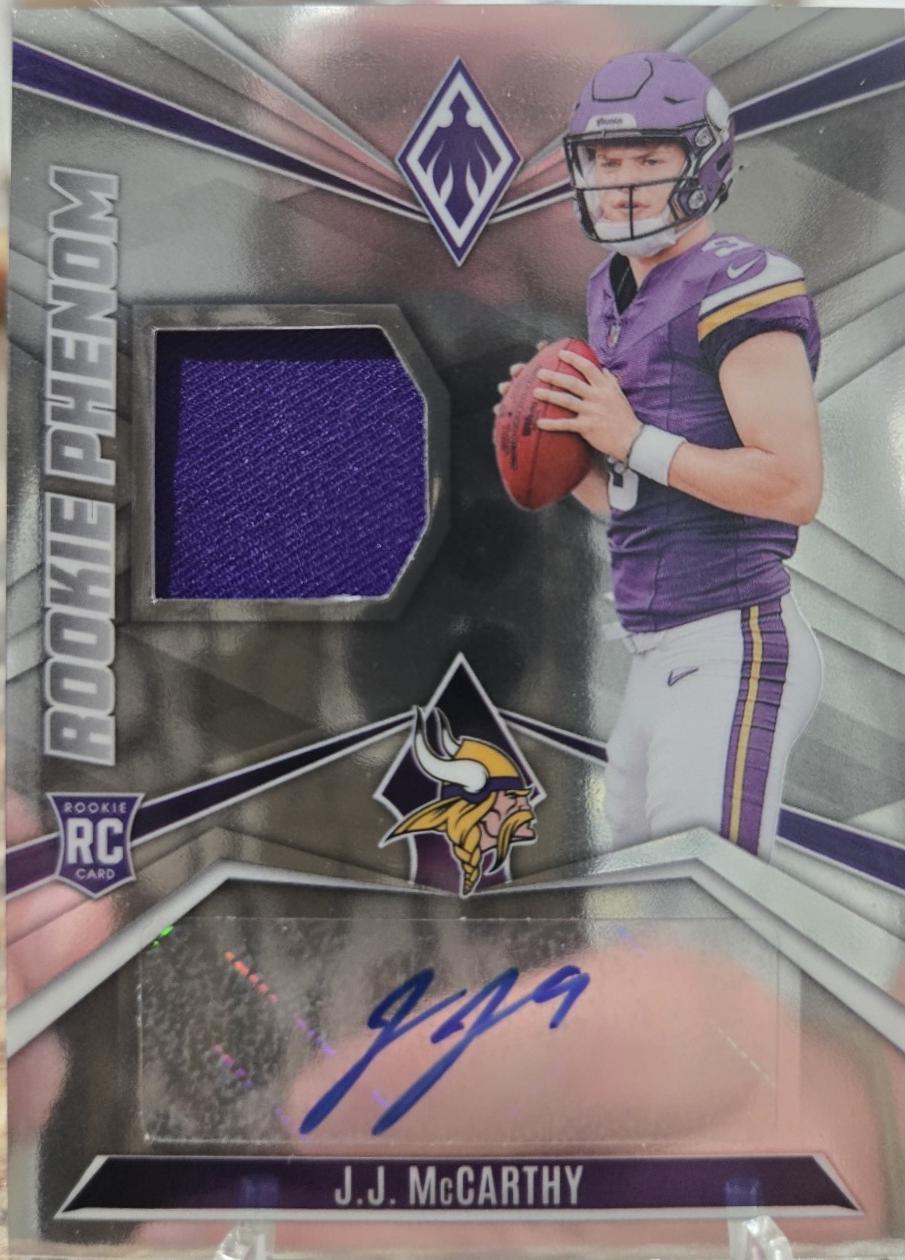 J.J. McCarthy #RPJA-JMY Football Cards 2024 Panini Phoenix Rookie Phenoms Jersey Autograph
