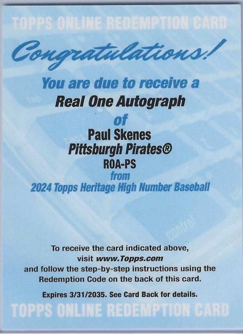 Paul Skenes #ROA-PS Baseball Cards 2024 Topps Heritage Real One Autograph
