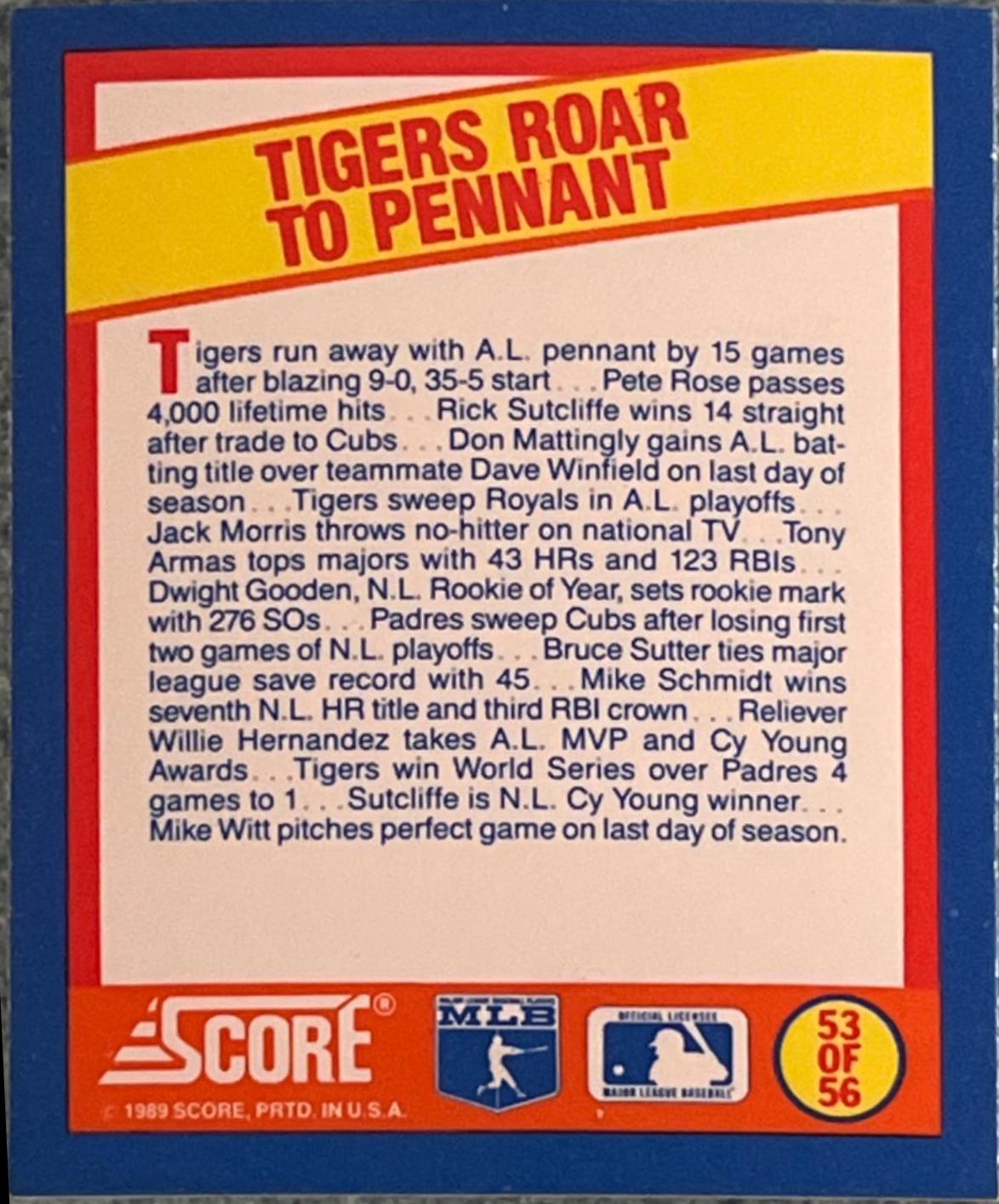 Tigers Roar to Pennant #53 Baseball Cards 1989 Score Magic Motion Trivia A Year to Remember