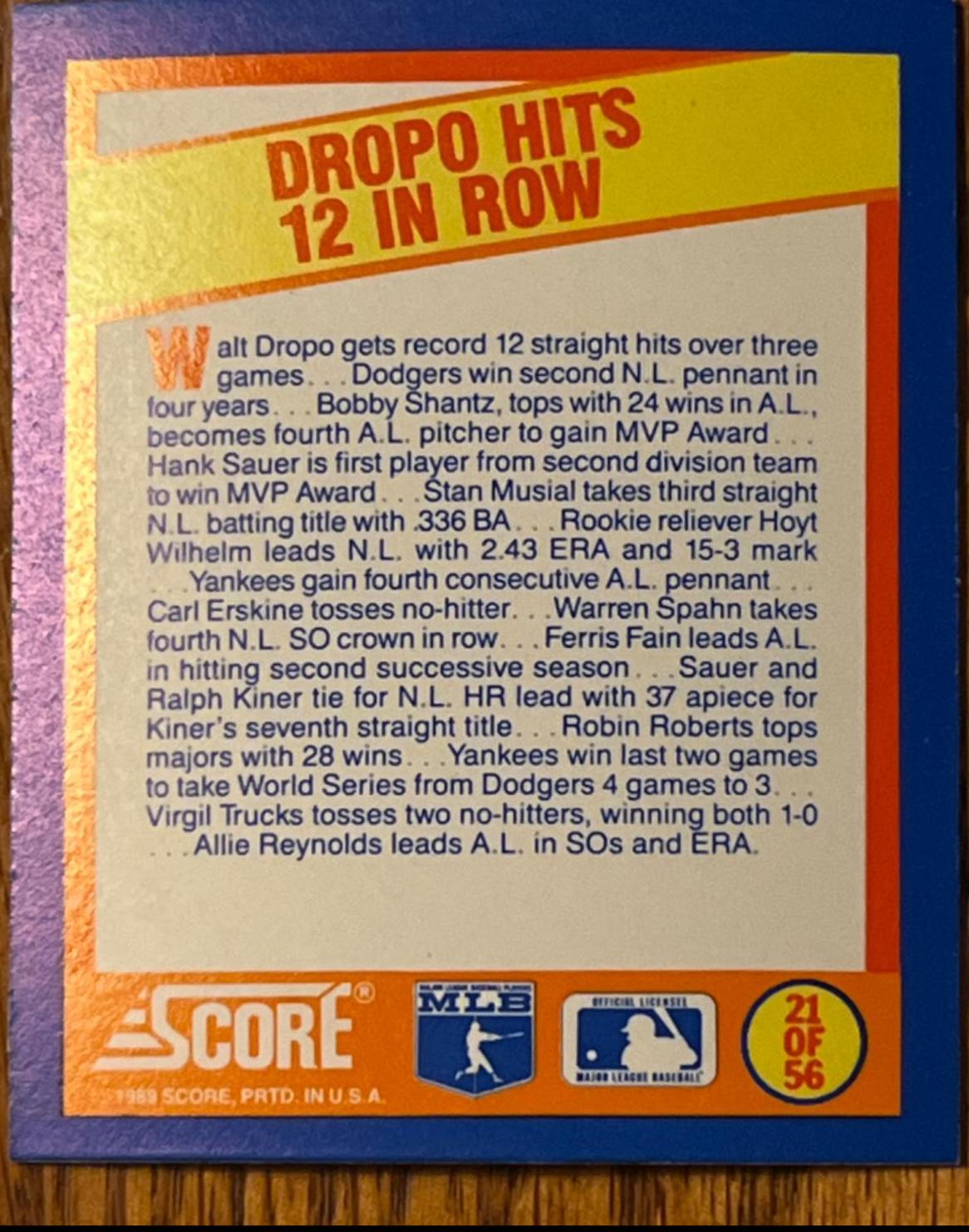 Dropo Hits 12 In Row #21 Baseball Cards 1989 Score Magic Motion Trivia A Year to Remember