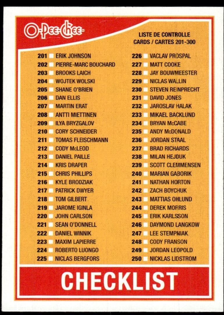 Checklist #499 2010 O Pee Chee Hockey