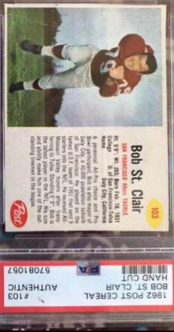 Bob St. Clair #103 Football Cards 1962 Post Cereal