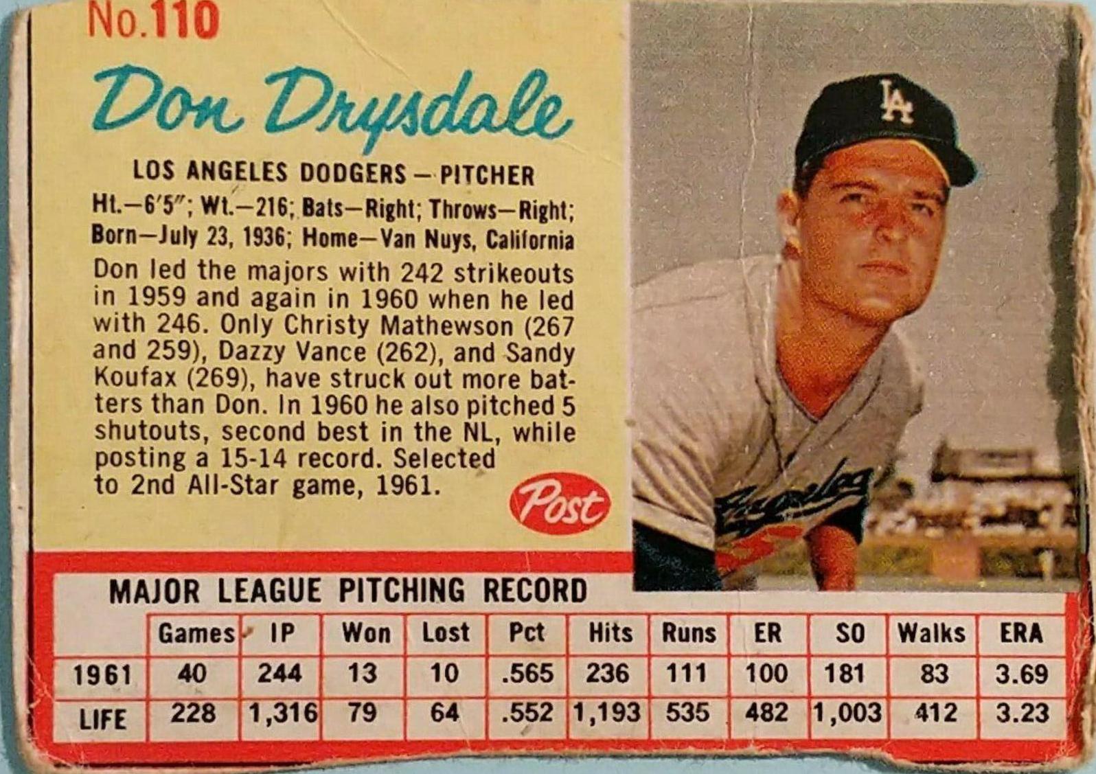 Don Drysdale #110 1962 Post Cereal Baseball