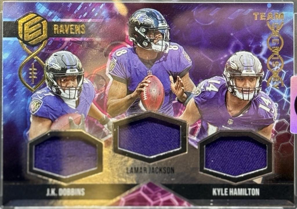 J. K. Dobbins, Kyle Hamilton, Lamar Jackson #TC-BAL Football Cards 2022 Panini Elements Team Chemistry