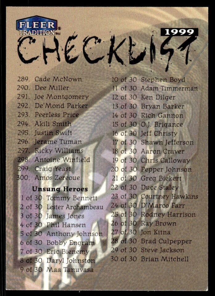 Checklist 289-300 + Subsets Football Cards 1999 Fleer Tradition