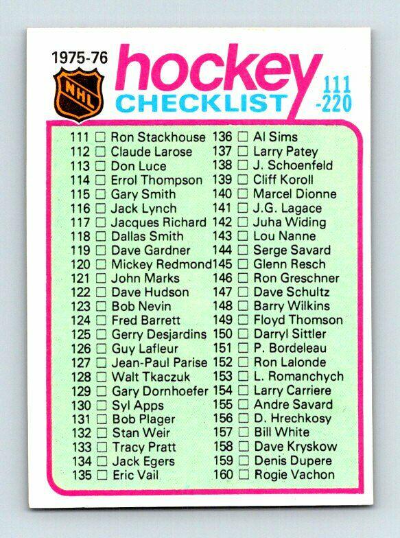 Checklist 111-220 #171 Hockey Cards 1975 Topps