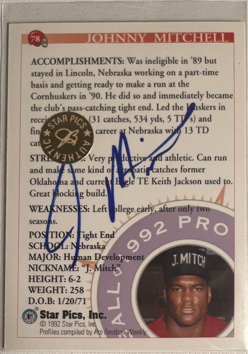 Johnny Mitchell #78 1992 Star Pics Football