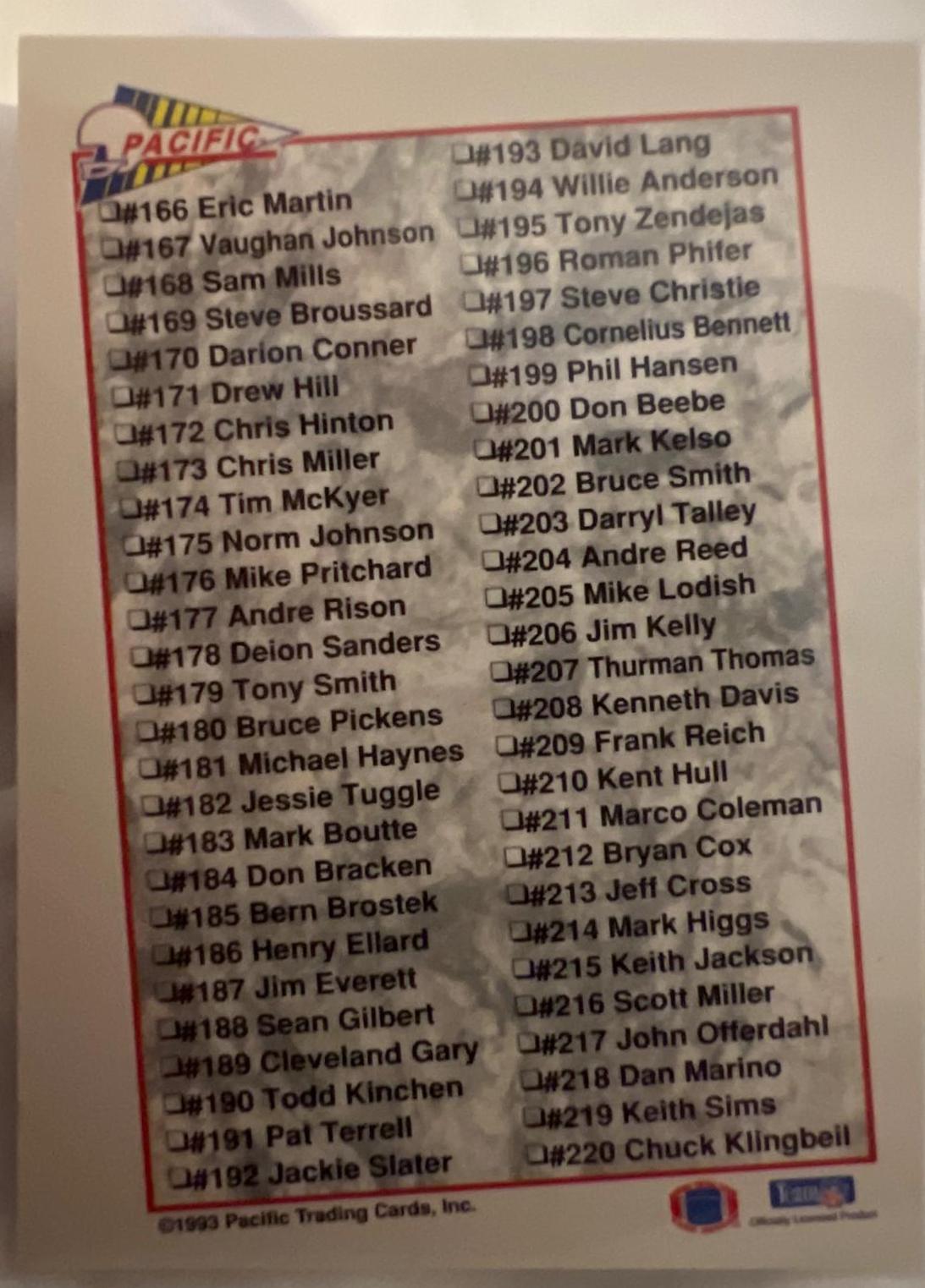 Checklist Football Cards 1993 Pacific