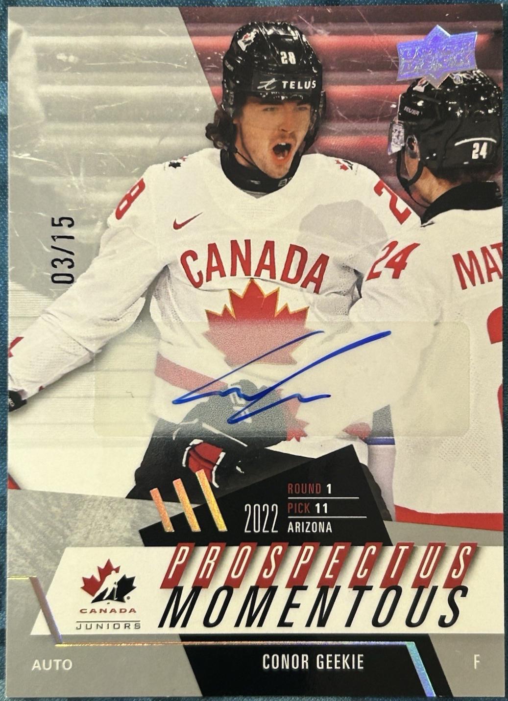 Conor Geekie #PM-5 2024 Upper Deck Team Canada Juniors Prospectus Momentous Autograph Hockey