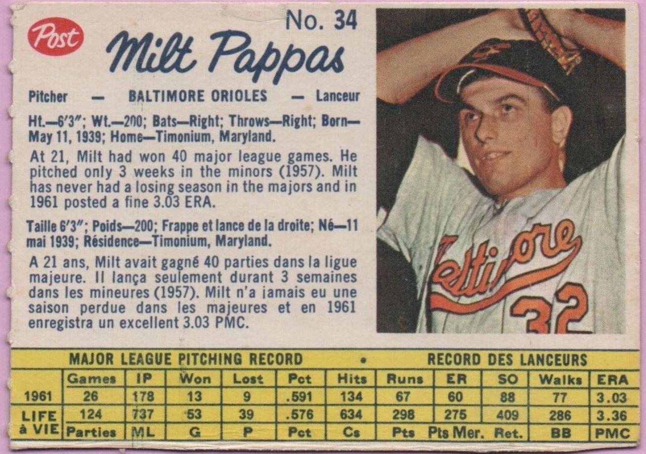 Milt Pappas #34 1962 Post Canadian Baseball