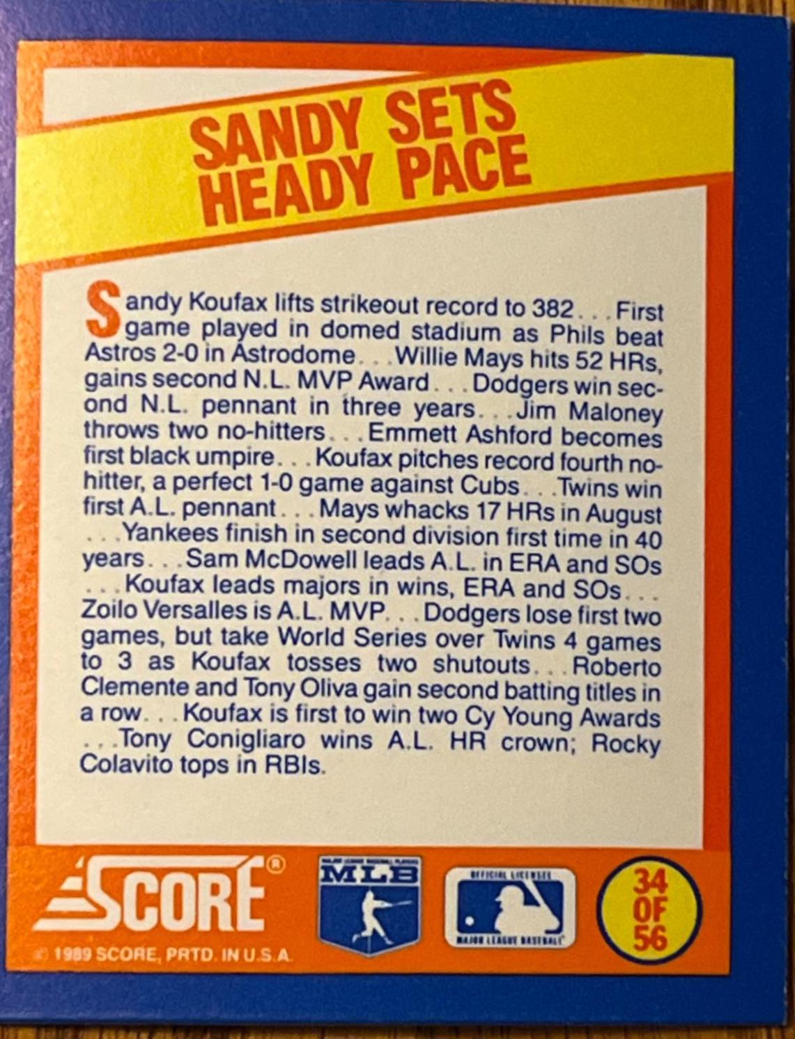Sandy Sets Heady Pace #34 Baseball Cards 1989 Score Magic Motion Trivia A Year to Remember