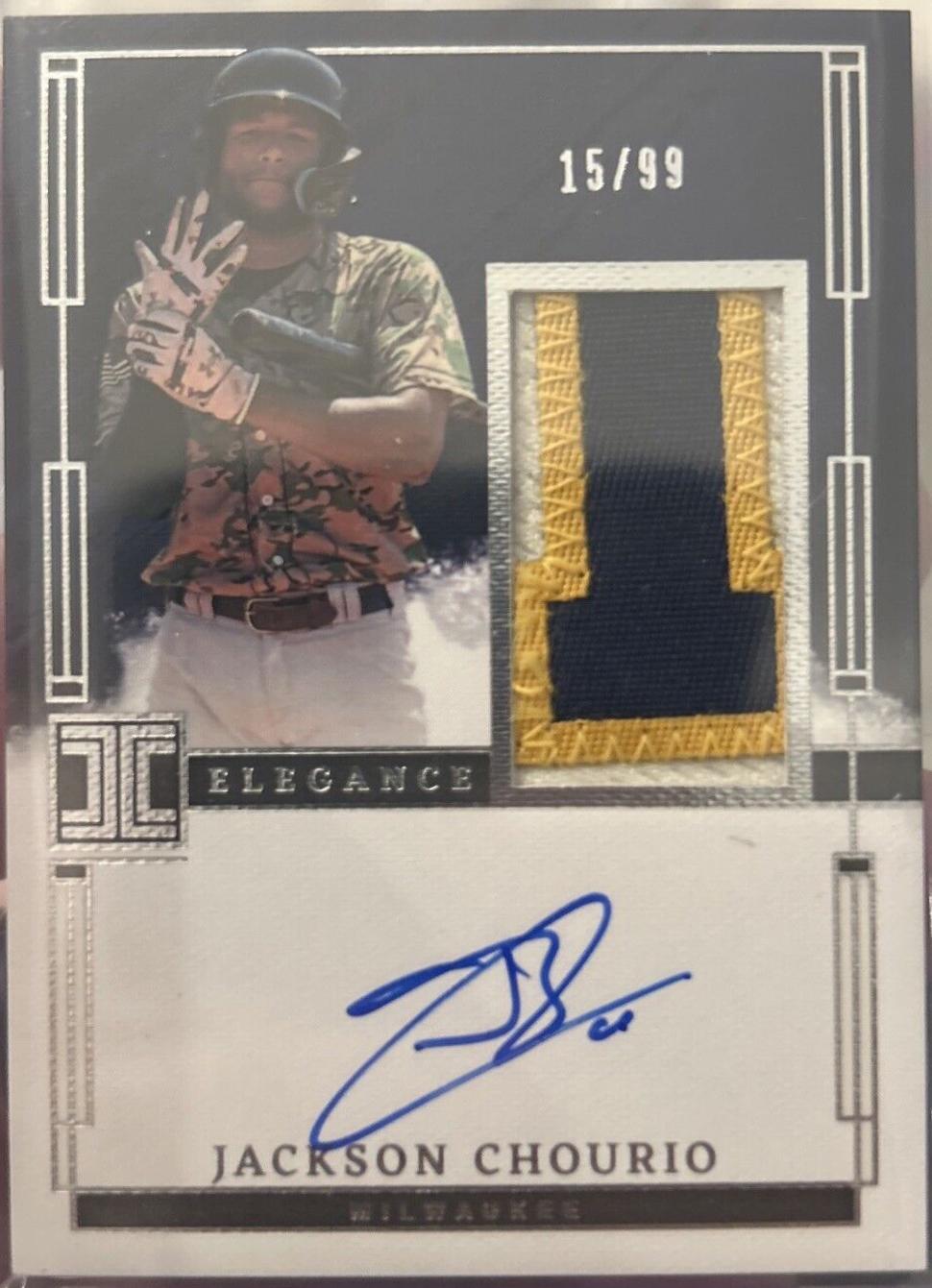 Jackson Chourio #EPJ-JC Baseball Cards 2024 Panini Impeccable Elegance Prospect Jersey Autograph