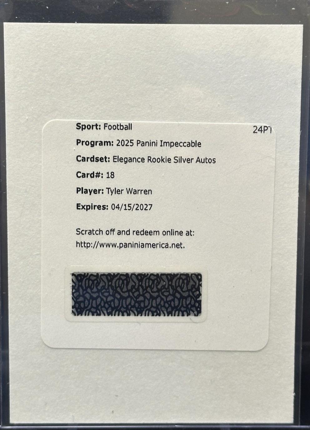 Tyler Warren #18 2025 Panini Impeccable Elegance Rookie Silver Bar Autograph Football
