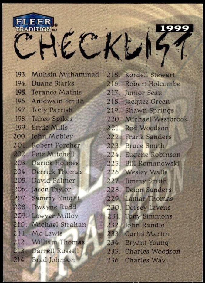 Checklist 193-288 Football Cards 1999 Fleer Tradition