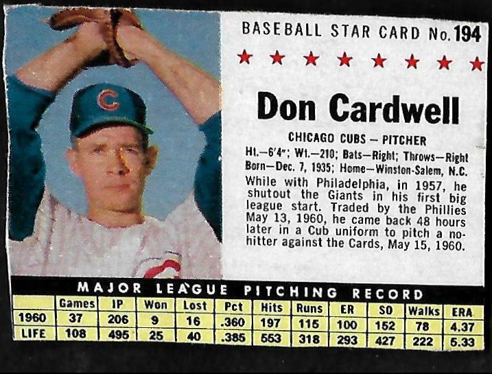 Don Cardwell #194 1961 Post Cereal Baseball