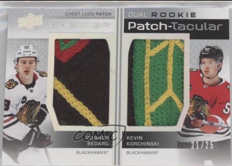 Connor Bedard / Kevin Korchinski #DRPT-BK Hockey Cards 2023 Upper Deck Premier Rookie Patch-Taculars Dual Chest Logo
