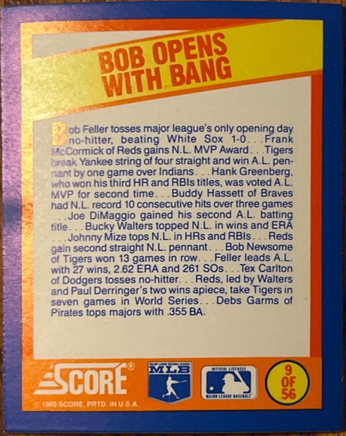 Bob Opens With Bang #9 Baseball Cards 1989 Score Magic Motion Trivia A Year to Remember