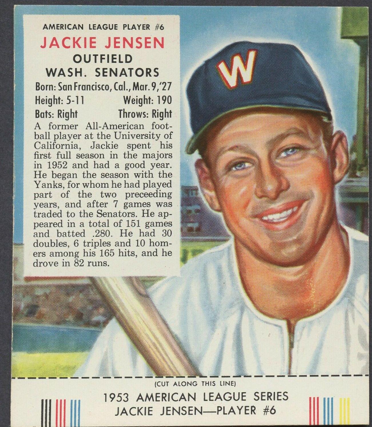 Jackie Jensen #6 Baseball Cards 1953 Red Man Tobacco