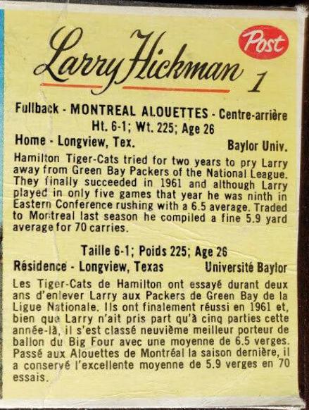 Larry Hickman #1 Football Cards 1963 Post Cereal CFL Hand Cut