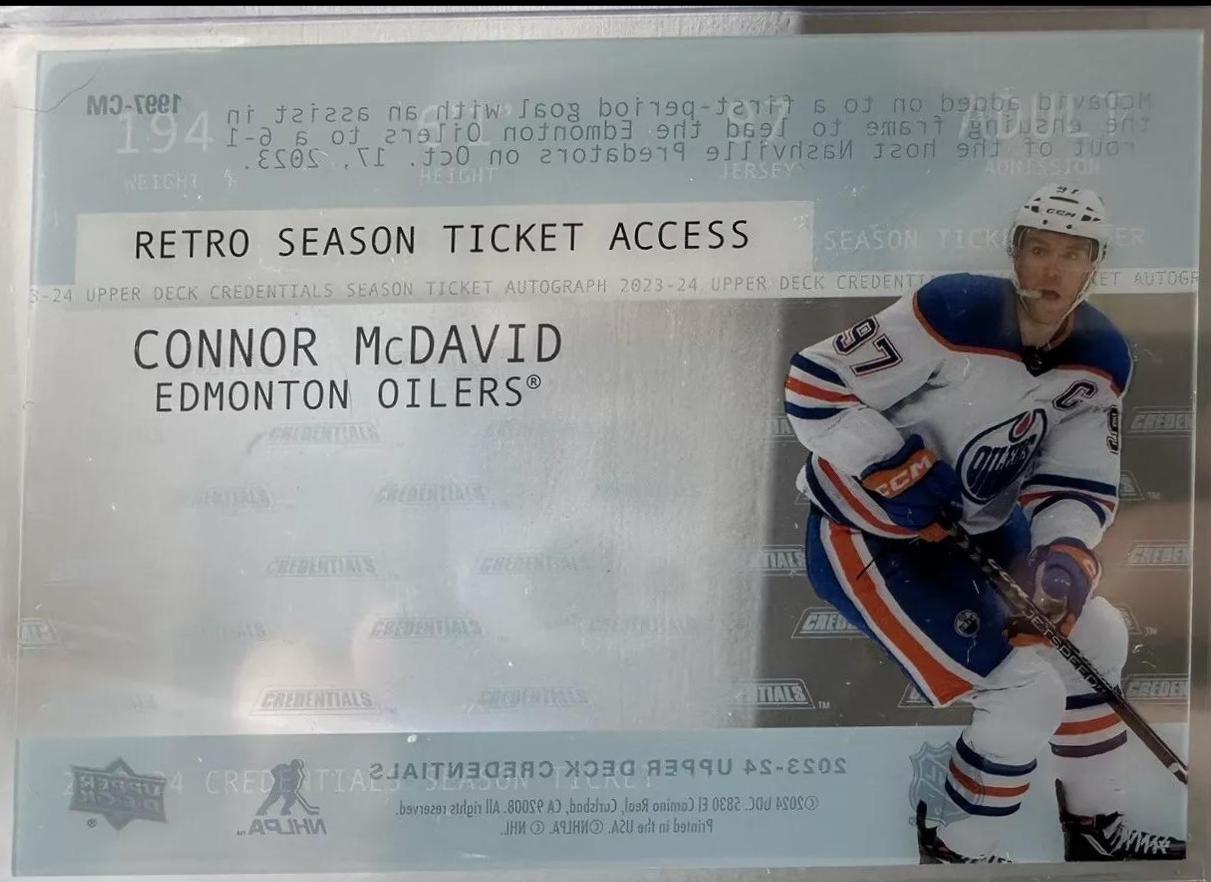 Connor McDavid #1997-CM Hockey Cards 2023 Upper Deck Credentials 1997 Season Ticket Acetate