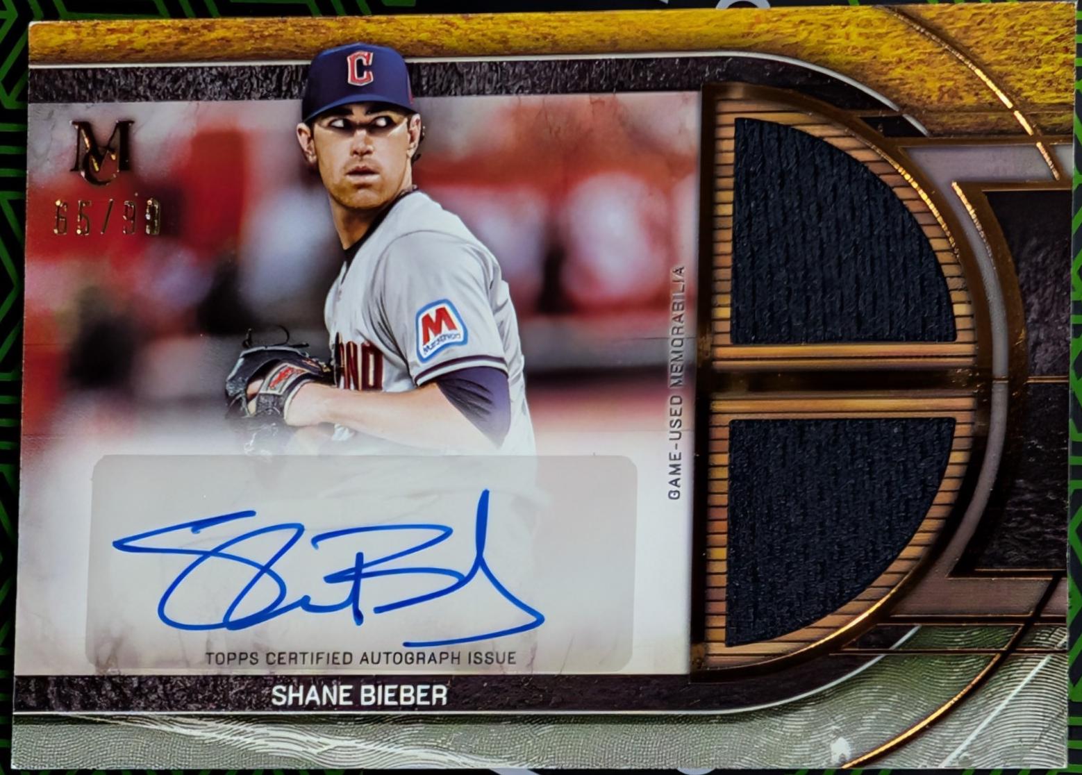 Shane Bieber #SPDRA-SB 2025 Topps Museum Collection Single Player Signature Swatch Dual Relic Autograph Baseball