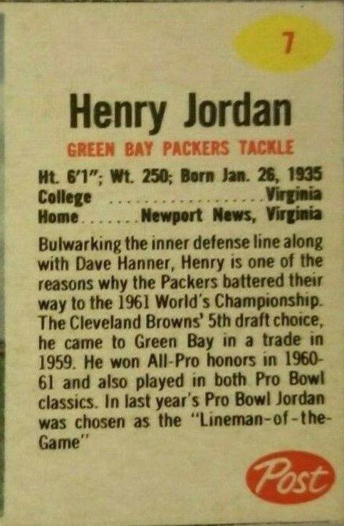 Henry Jordan #7 Football Cards 1962 Post Cereal