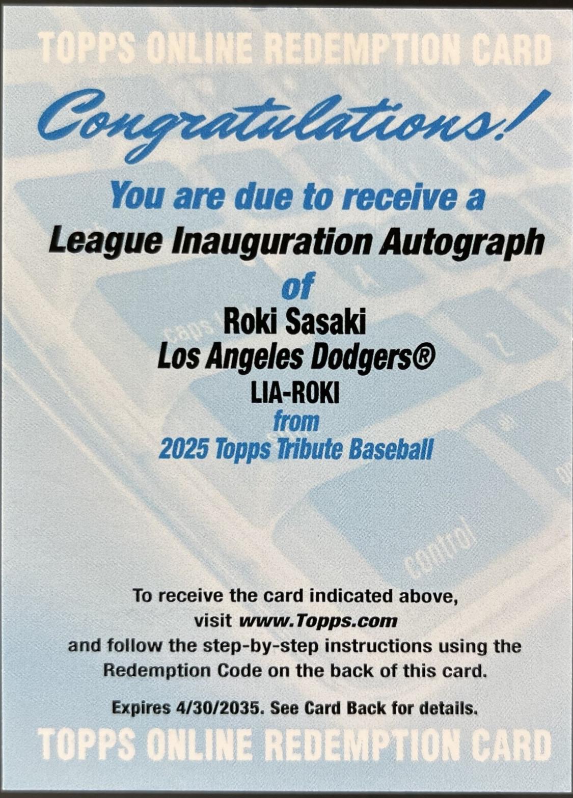 Roki Sasaki #LIA-ROKI Baseball Cards 2025 Topps Tribute League Inauguration Autograph