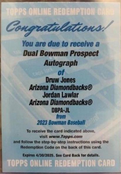 Jordan Lawlar, Druw Jones #DBPA-JL Baseball Cards 2023 Bowman Dual Prospect Autographs