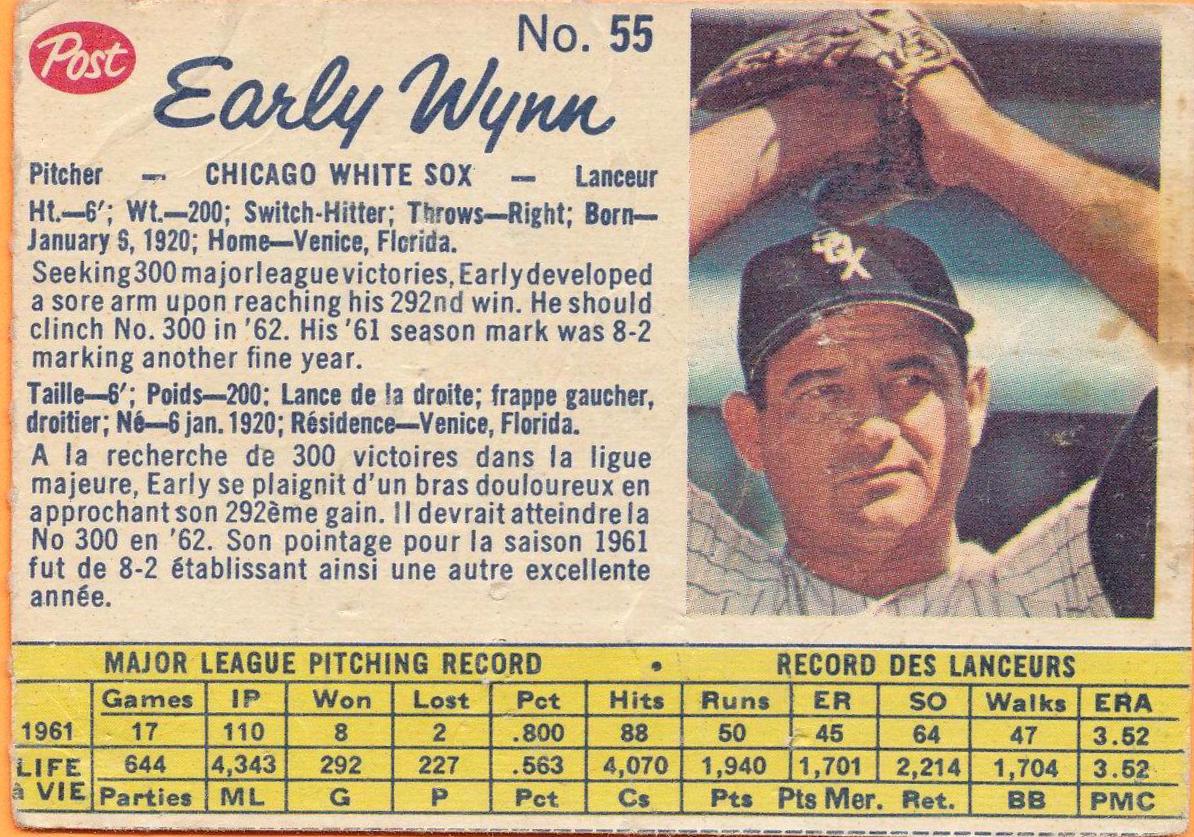 Early Wynn #55 1962 Post Canadian Baseball