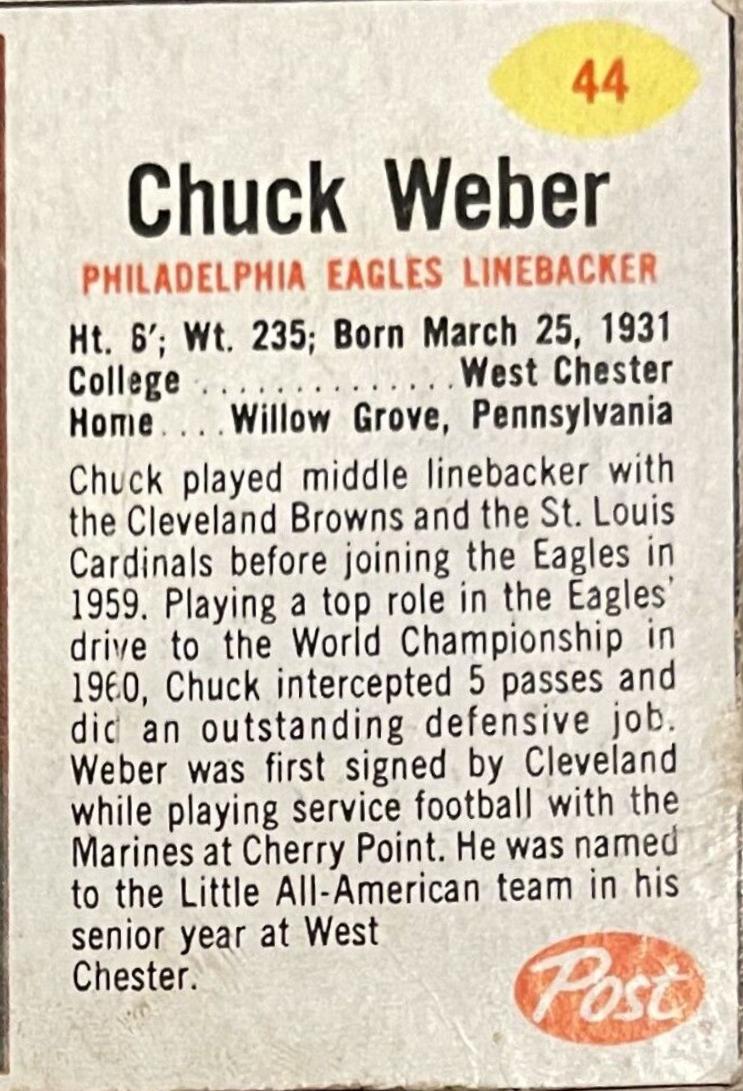 Chuck Weber #44 Football Cards 1962 Post Cereal