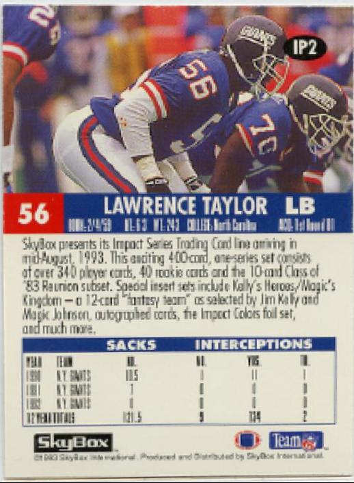 Lawrence Taylor #IP2 Football Cards 1993 Skybox Impact Promo