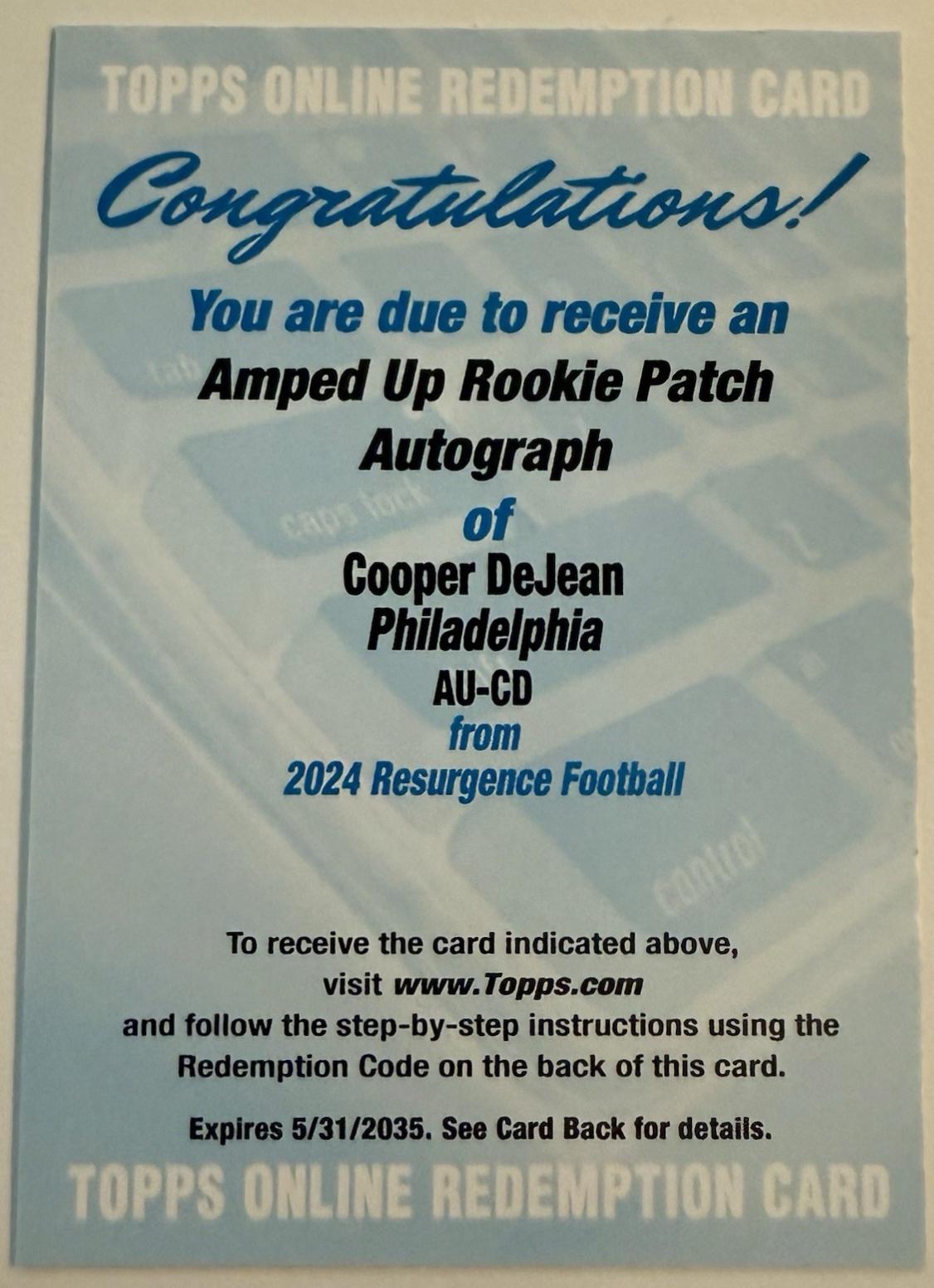 Cooper DeJean #AU-CD 2024 Topps Resurgence Amped Up Rookie Patch Autograph Football