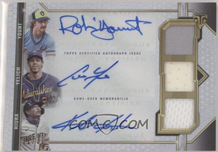 Robin Yount / Christian Yelich / Keston Hiura #ARC-YYH Baseball Cards 2020 Topps Triple Threads Autograph Relic Combo