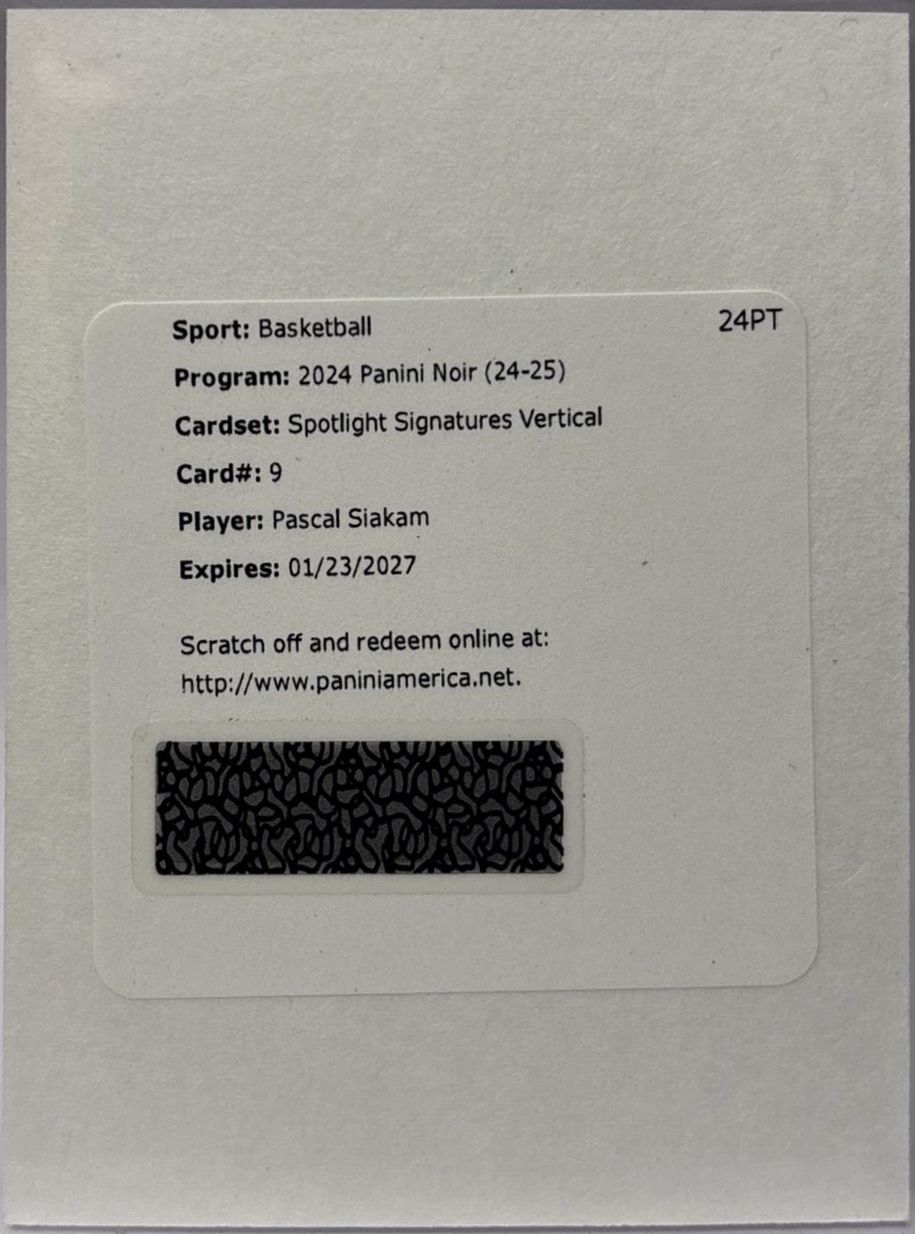 Pascal Siakam #9 2024 Panini Noir Spotlight Signatures Vertical Basketball