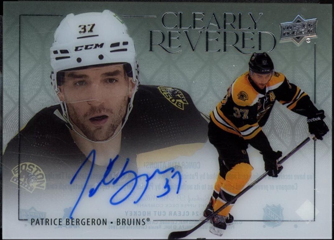 Patrice Bergeron #CR-PB Hockey Cards 2023 Upper Deck Clear Cut Clearly Revered Auto