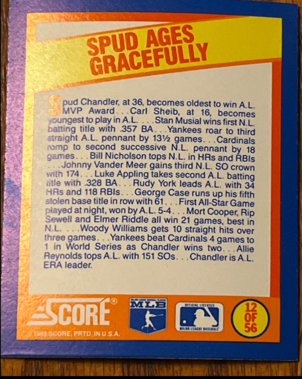 Spud Ages Gracefully #12 Baseball Cards 1989 Score Magic Motion Trivia A Year to Remember