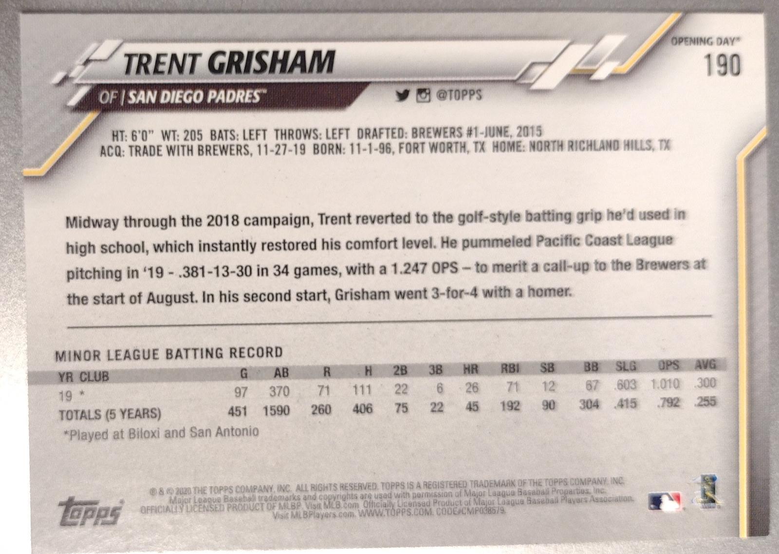Trent Grisham #190 Baseball Cards 2020 Topps Opening Day