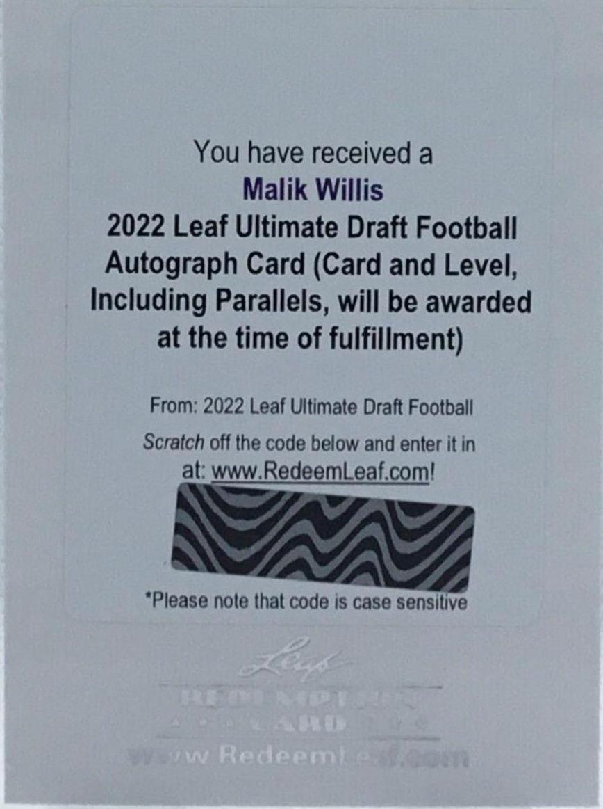 Malik Willis #BA-MW1 2022 Leaf Ultimate Draft Autographs Football