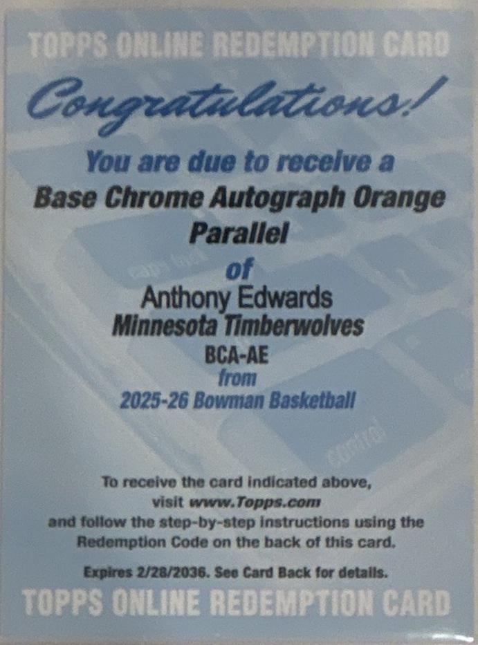 Anthony Edwards #BCA-AE 2025-26 Bowman Basketball Chrome Autographs Mojo