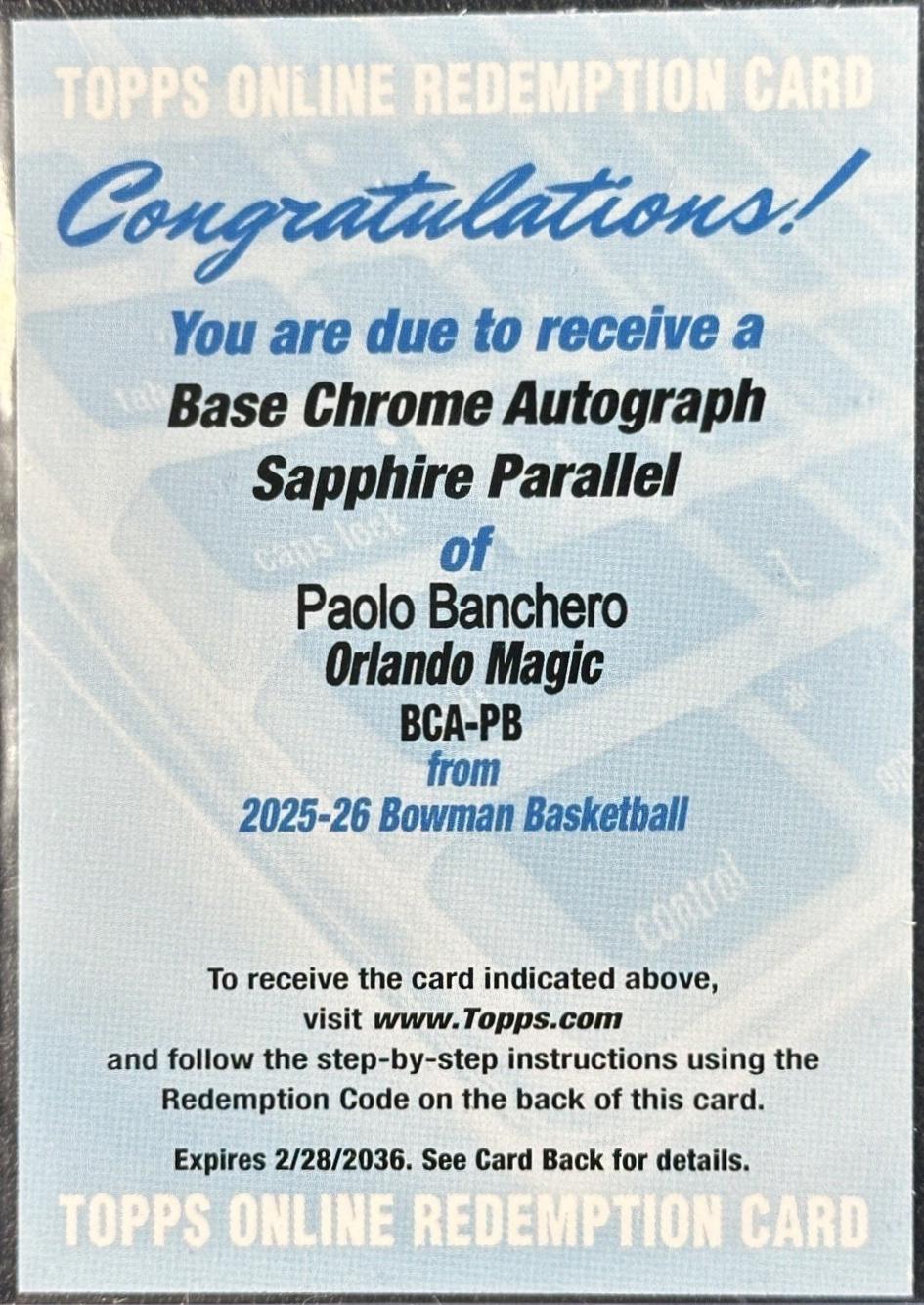Paolo Banchero #BCA-PB 2025-26 Bowman Sapphire Basketball Chrome Autographs Sapphire