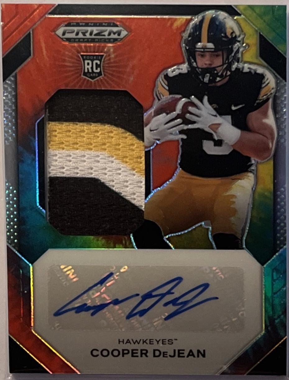 Cooper DeJean #JPA-CDN Football Cards 2024 Panini Prizm Draft Picks Jumbo Rookie Patch Autographs Tie-Dye