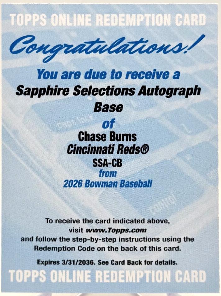 Chase Burns #SSA-CB 2026 Bowman Sapphire Baseball Sapphire Selections Autographs