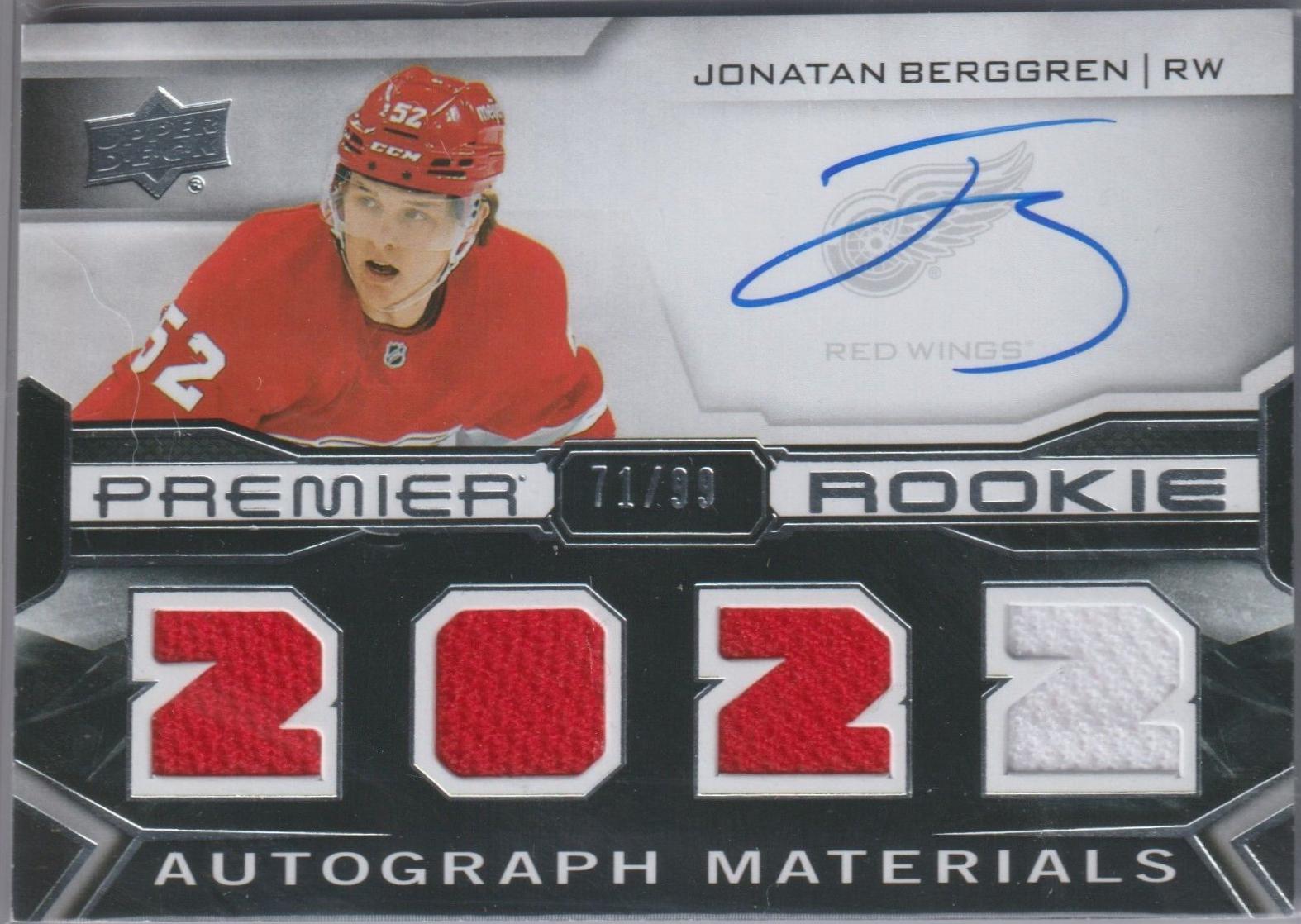 Jonatan Berggren #PRA-JB Hockey Cards 2022 Upper Deck Premier Rookie Auto Jersey