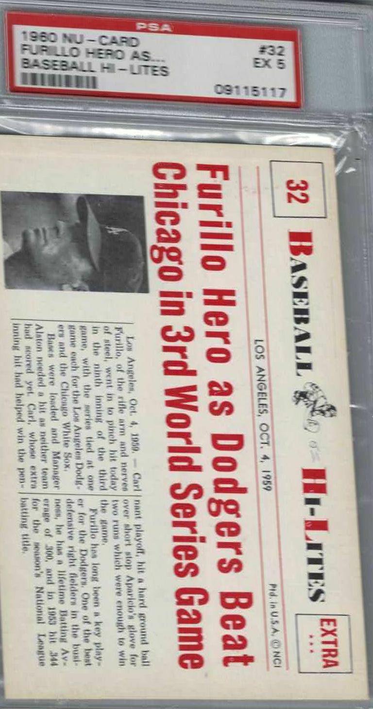 Furillo Hero As #32 Baseball Cards 1960 NU Card Baseball Hi Lites