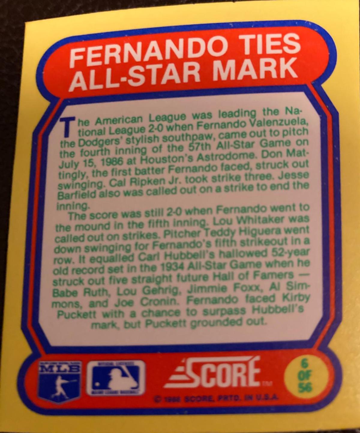 Fernando Ties All-Star Mark #6 Baseball Cards 1988 Score Magic Motion Great Moments in Baseball