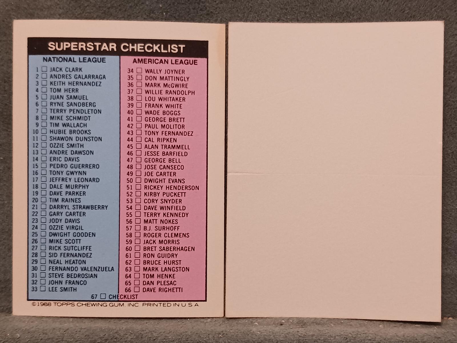 Checklist #67 1988 Topps Stickercard Baseball